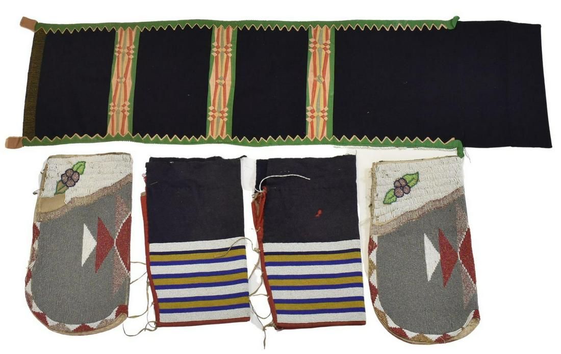 (3) WINNEBAGO BREECH CLOUT, CROW LEGGINGS, ETC.: (lot of 3) Native American items, including: (1) Winnebago ribbonwork breech clout; (pair) Crow striped leggings; (pair) Plateau dress panels (?), c.1900-1950, approx 12.5"l, 7.25"w; 3.75lbs total Sta