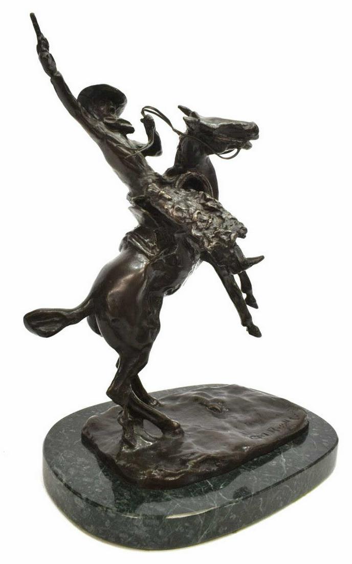 AFTER C.M. RUSSELL BRONZE 'SMOKING UP,' 12"H: Western recast bronze sculpture on marble base, "Smoking Up," after the original by C.M. Russell (Charles Marion Russell, Montana, California, Missouri, 1864-1926), approx 12"h, 9.5"w, 7"d, 6.5lbs Sta
