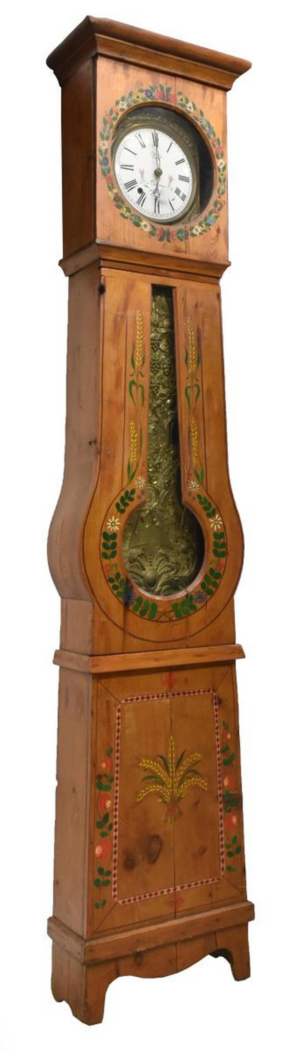 FRENCH MORBIER FLORAL PAINTED PINE LONGCASE CLOCK: French Morbier pine longcase clock, mid 19thc., having an arched cornice, over enameled dial with black roman numerals, marked Vedel a Carmaux, weight-driven time and strike movement, the inspection d