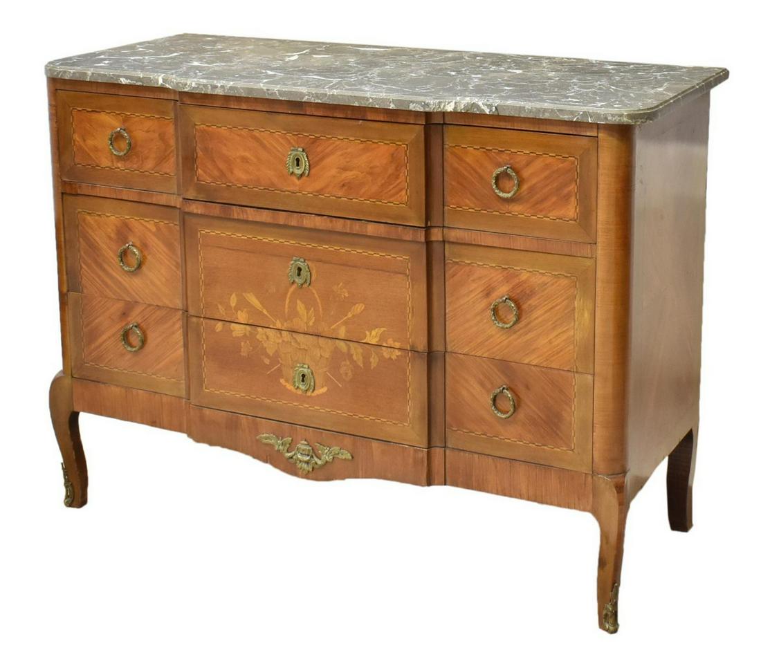 FRENCH LOUIS XV STYLE MARBLE-TOP MAHOGANY COMMODE: French Louis XV style commode, early 20th c., having a shaped marble top, over conforming mahogany case with parquetry trim, central marquetry floral basket, fitted with three drawers, rising on trans
