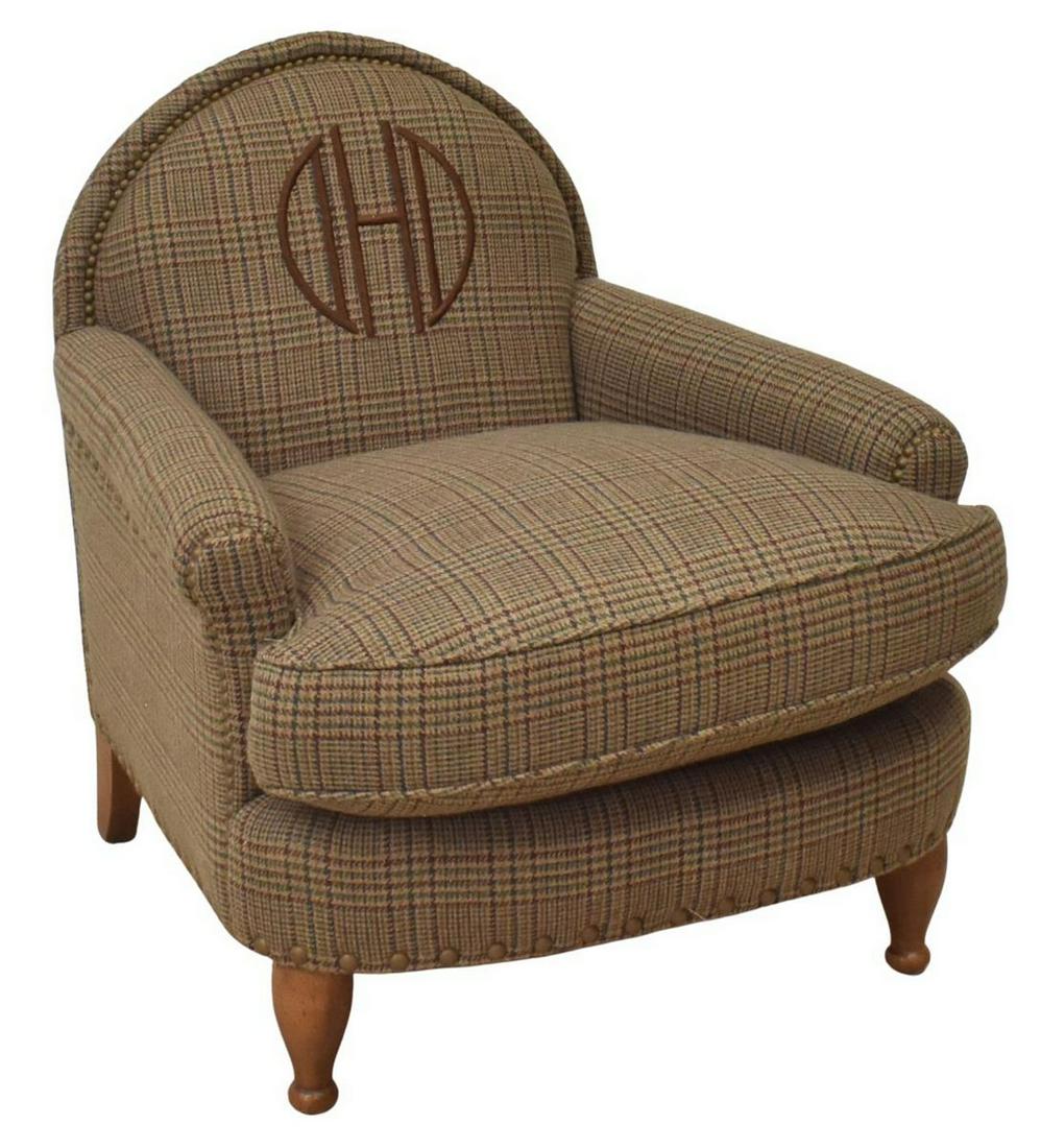 BAKER FURNITURE WOOL PLAID LOW CLUB CHAIR: Edwardian style club chair, Baker Furniture, late 20th c., wool plaid upholstery, with brass tack trim, back monogrammed DHD, loose seat cushion, rising on turned front legs, seat cushion with two sma