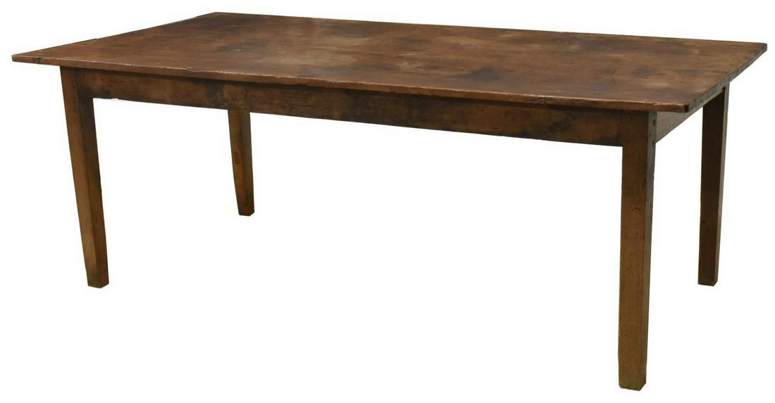 FRENCH PROVINCIAL WALNUT FARMHOUSE DINING TABLE: French Provincial walnut farmhouse table, 19th c., rectangular top, on slightly tapered legs, some restoration with age, approx 29.5"h, 38.5"w, 81.25"d **Provenance: From the Snaffle Bit Ranch estate 