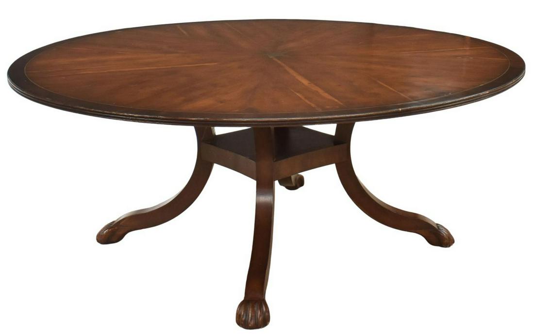 RUSTIC CIRCULAR STAR-INLAID DINING TABLE: Rustic circular dining table, late 20th c., with inlaid brass trim and central star medallion, over lower medial shelf, four legs terminating in paw feet, approx 29.25"h, 72.5"diam **Provenance: From 