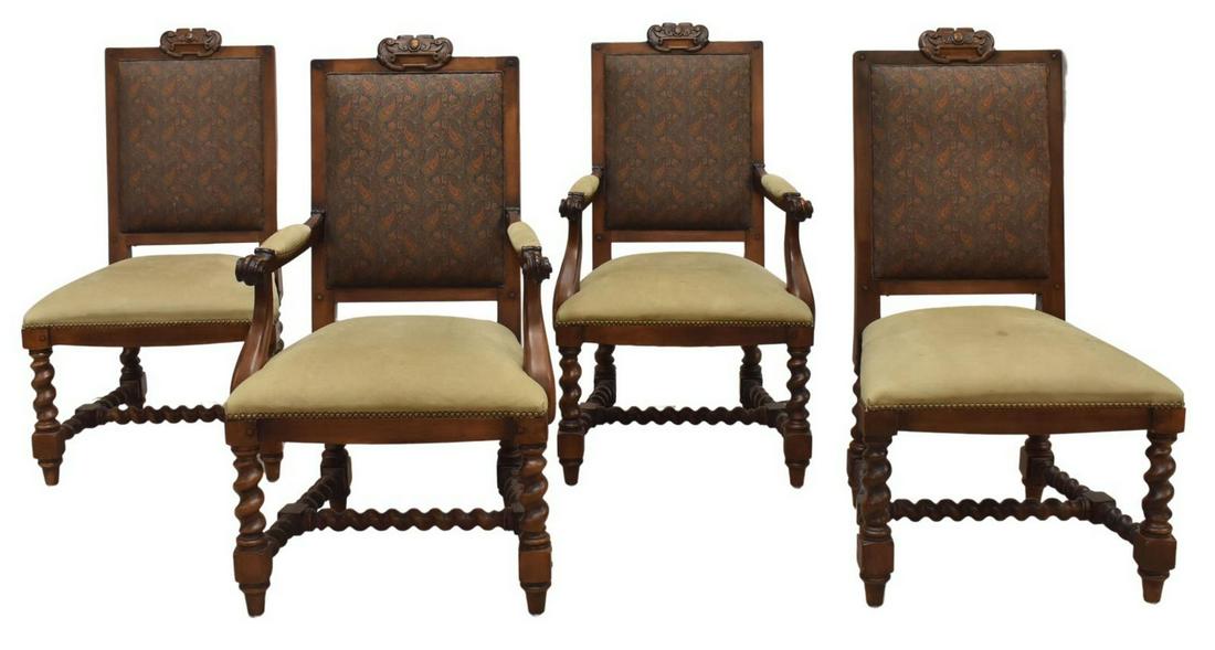 (4) RALPH LAUREN HENREDON BAROQUE STYLE CHAIRS: (lot of 4) Baroque style dining chairs, Polo Ralph Lauren for Henredon, late 20th c., including (two) armchairs, (two) side chairs, wood frame topped with carved crest and center cartouche, padded bac
