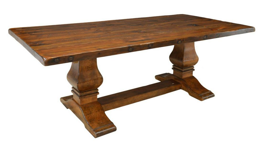 LARGE RUSTIC PINE PLANK-TOP DINING TABLE: Large rustic pine dining table, late 20th c., plank top, over large baluster-form supports, center stretcher, molded shoe base, intentionally distressed finish, approx 30.5"h, 84"w, 44"d **Provenance: