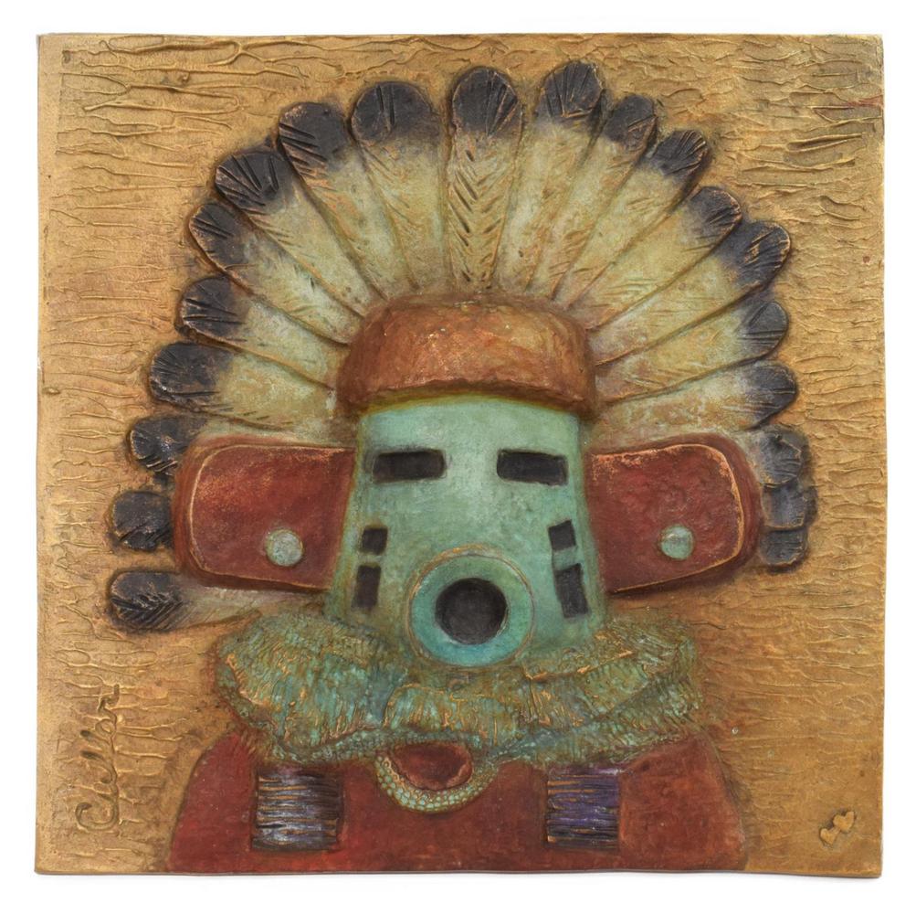 WARREN CULLAR CAST BRONZE KACHINA PLAQUE: Painted cast bronze figural relief plaque, Ceremonial Figure (Kachina with Feathered Headdress), signed in cast lower left Cullar (Clifford Warren Cullar, Texas, b.1942), with double heart mark to low
