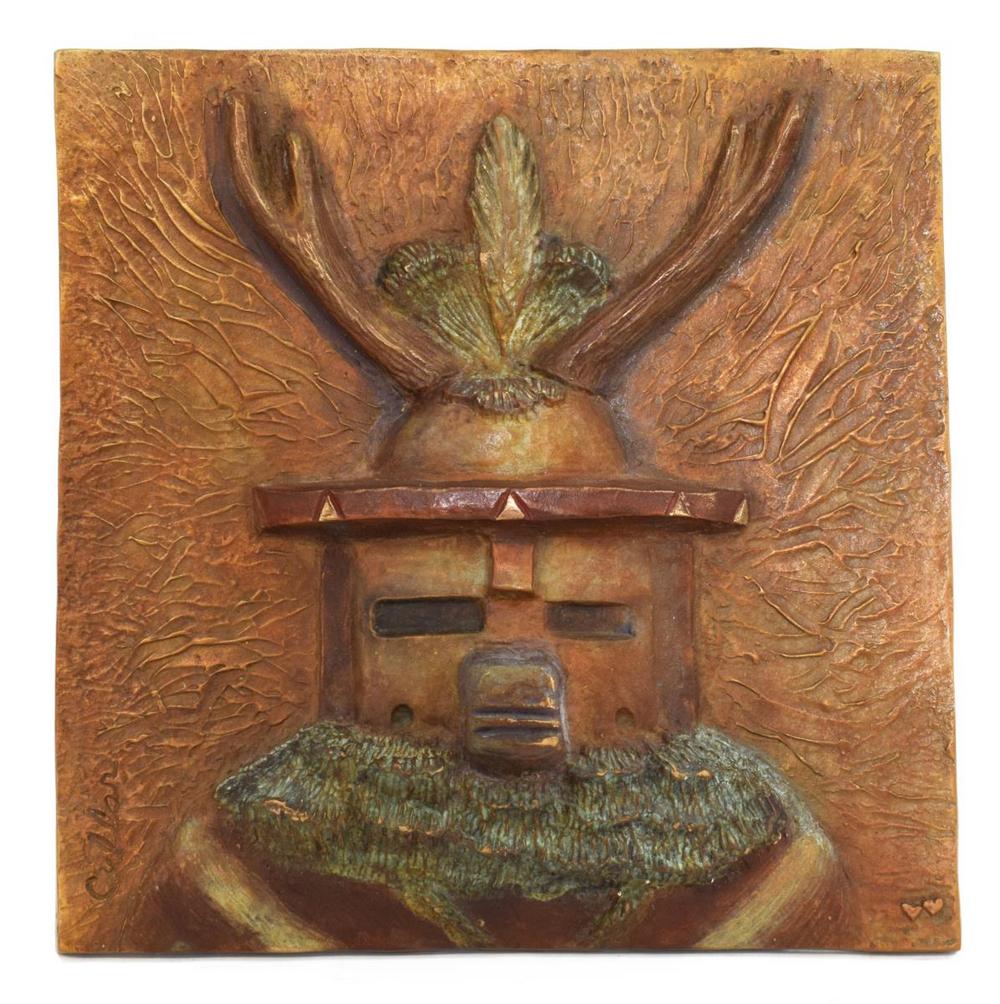 WARREN CULLAR CAST BRONZE DEER KACHINA PLAQUE: Painted cast bronze figural relief plaque, Ceremonial Figure (Deer Kachina), signed in cast lower left Cullar (Clifford Warren Cullar, Texas, b.1942), double heart mark to lower right, approx 13.75"h,