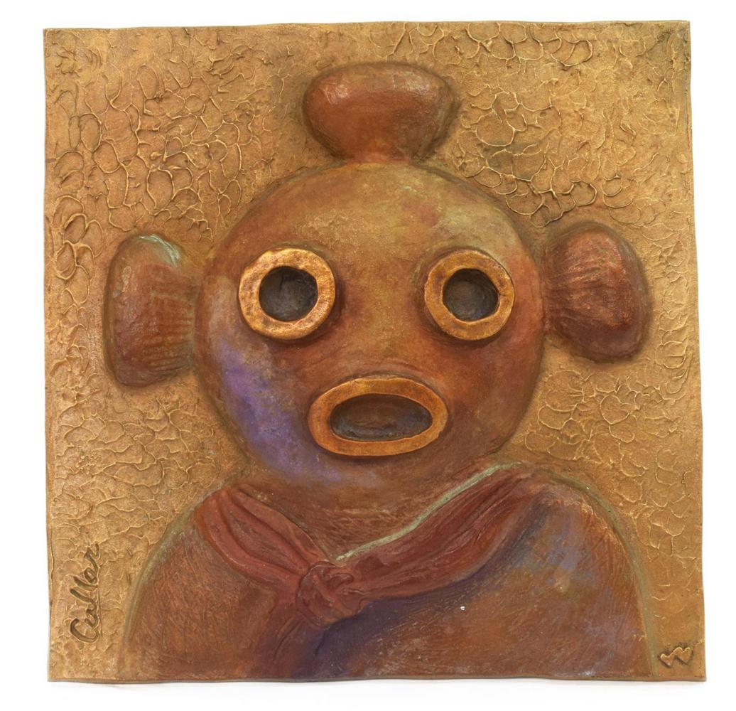 WARREN CULLAR CAST BRONZE KACHINA PLAQUE: Painted cast bronze figural relief plaque, Ceremonial Figure (Kachina), signed in cast lower left Cullar (Clifford Warren Cullar, Texas, b.1942), with double heart mark to lower right, approx 13.75"h,