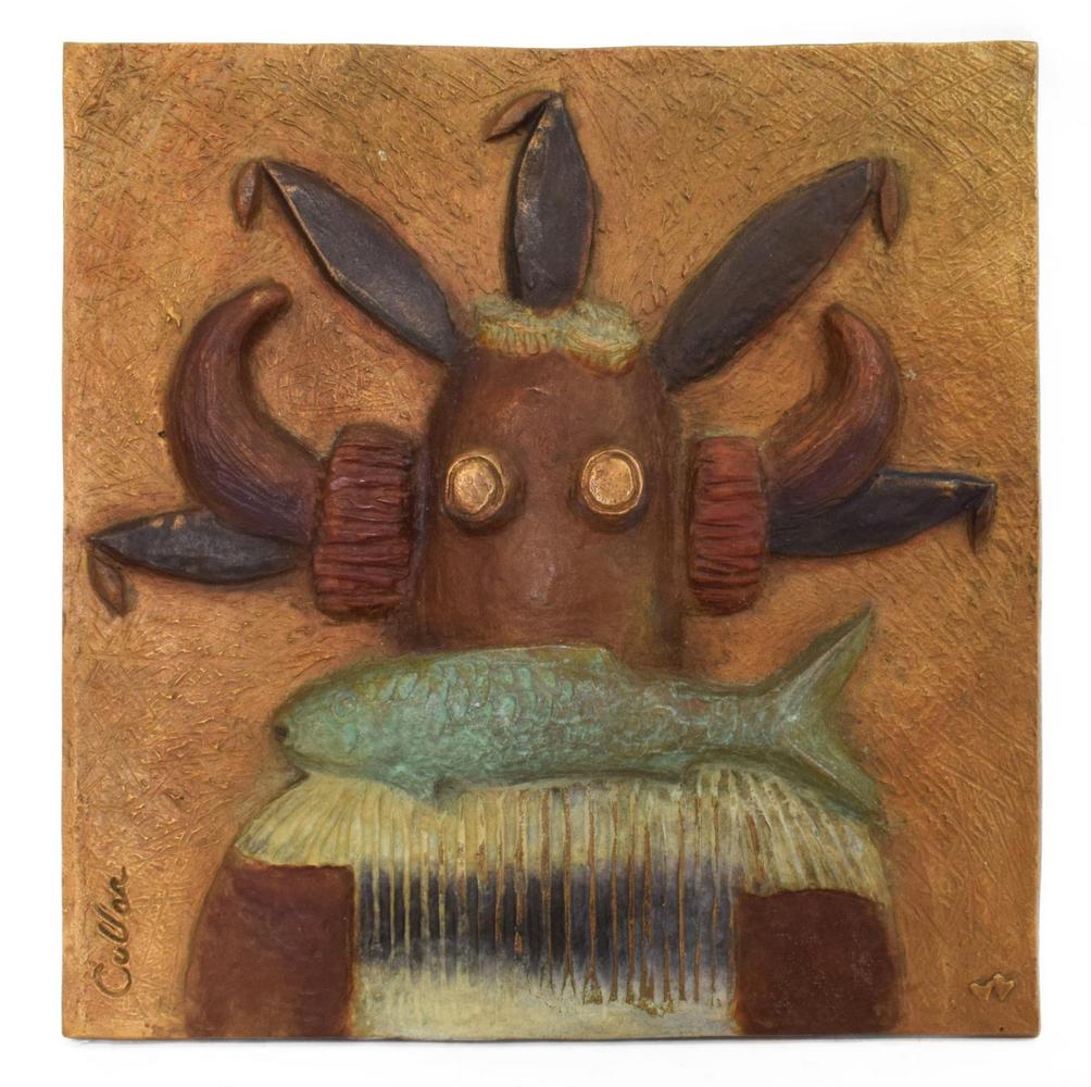WARREN CULLAR CAST BRONZE FISH KACHINA PLAQUE: Painted cast bronze figural relief plaque, Ceremonial Figure (Fish Kachina), signed in cast lower left Cullar (Clifford Warren Cullar, Texas, b.1942), double heart mark to lower right, approx 13.5"h,