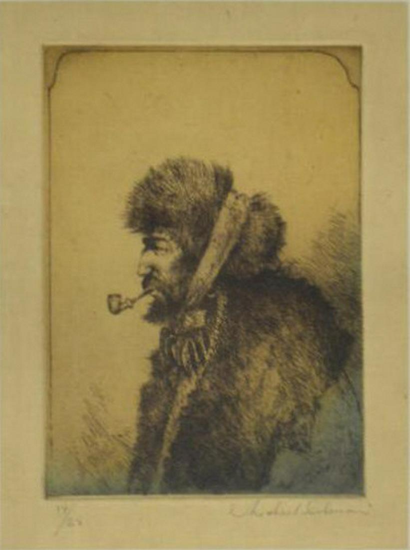 MICHAEL COLEMAN (B.1946) 'BUFFALO COAT' ETCHING: Unframed aquatint etching on paper, "The Buffalo Coat," signed lower right Michael Coleman (Utah, b.1946), numbered 14/ 25, sight: approx 8.25"h, 6.25"w, mat: approx 17.5"h, 15.75"w, 0.75lbs Start Pri