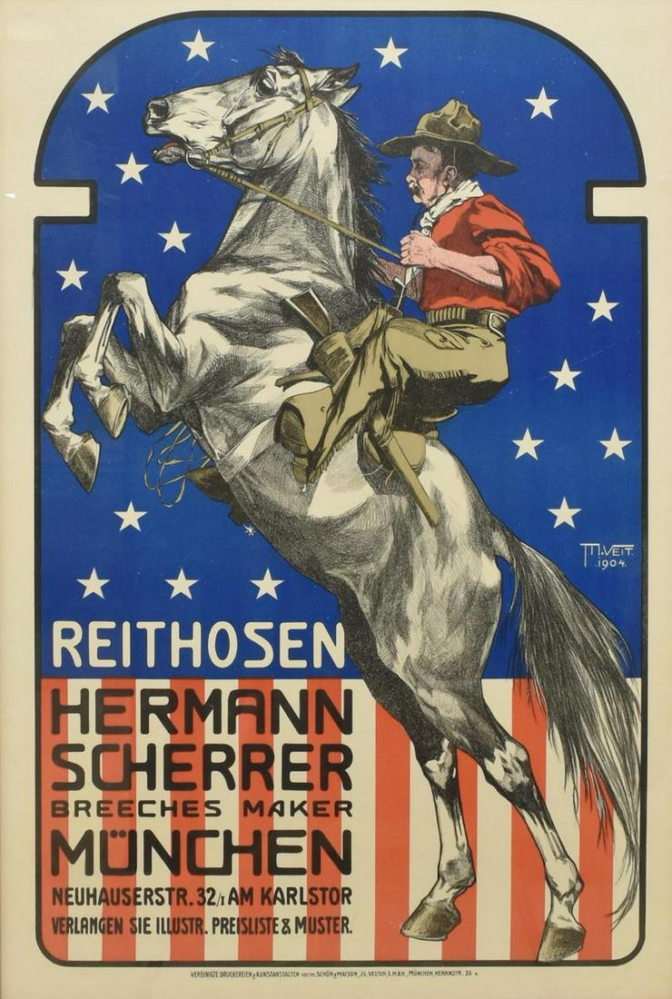 GERMAN WESTERN COWBOY BREECHES ADVERTISTING POSTER: Framed German lithograph poster on paper, c.1904, Hermann Scherrer, Breeches maker, Munchen (Munich), after Moritz Veit (German, 1867-1958), printed by Schon & Maison, sight: approx 35"h, 23.5"w, over