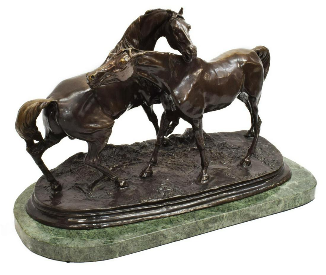 AFTER PIERRE-JULES MENE BRONZE 'L'ACCOLADE' HORSES: Recast bronze sculpture on marble base, "L'Accolade," after the original by Pierre-Jules Mene (French, 1810-1879), approx 13.5"h, 21"w, 10.5"d, 25lbs Start Price: $150.00