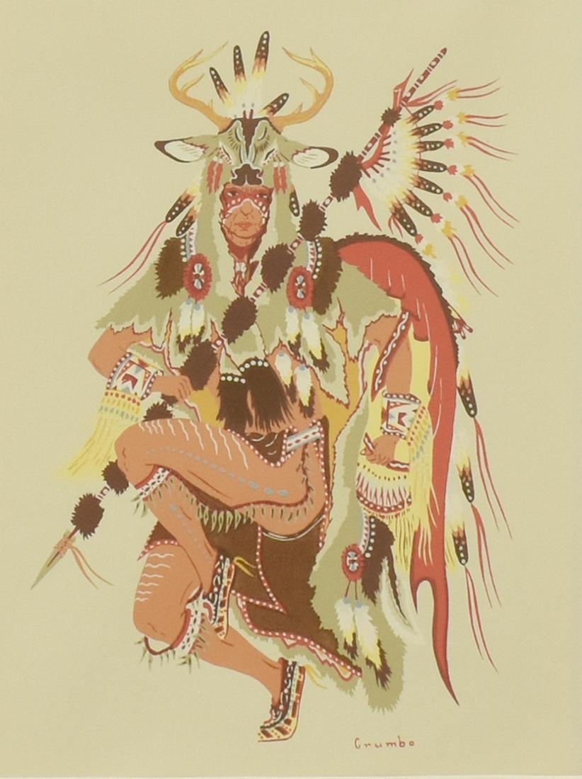 WOODY CRUMBO (1912-1989) DEER DANCER SERIGRAPH: Framed serigraph (silkscreen) on paper, Deer Dancer, signed in print lower right Crumbo (Woodrow Wilson "Woody" Crumbo, Pottawatomi, 1912-1989), sight: approx 11.25"h, 8.25"w, overall: approx 24.5"h, 