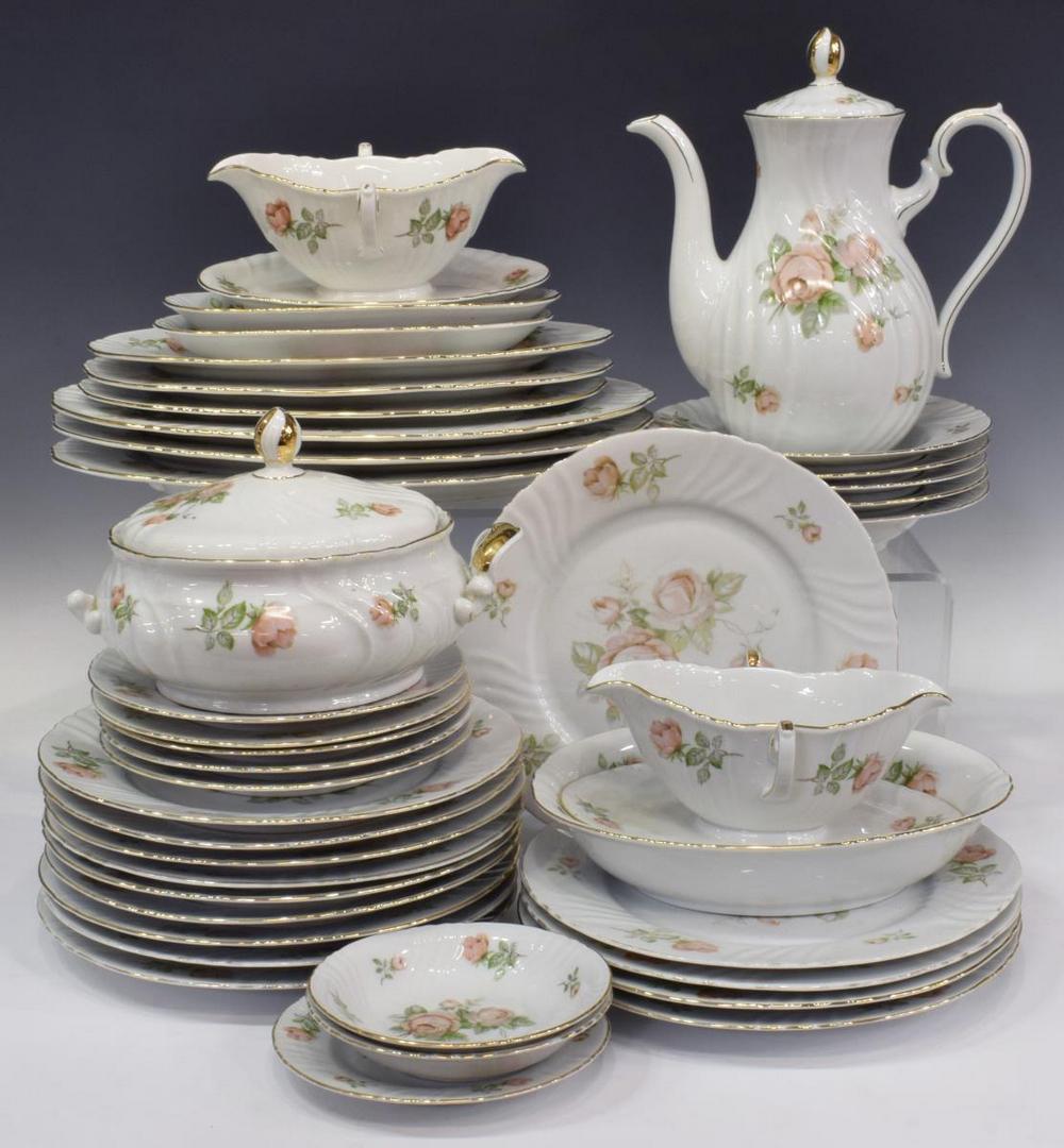 (40) JOHANN HAVILAND U.S. AIR FORCE DINNER SERVICE: (lot of 40) Bavarian Johann Haviland partial dinner service, in the "Tea Rose" pattern, Standard Pattern for U.S. Air Force, having delicate rose motif with gilt trim, each marked with crowned R under