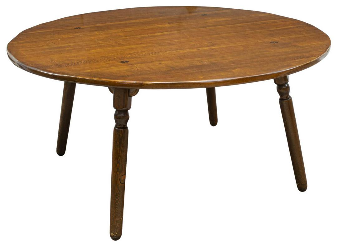 W.R. DALLAS RUSTIC PINE 60" ROUND TAVERN TABLE: American rustic pine round tavern table, W.R. Dallas Furniture, late 20th c., circular tabletop, rising on turned legs, approx 29"h, 60"diam **Provenance: From the estate of Dr. James R. Lucie, a well