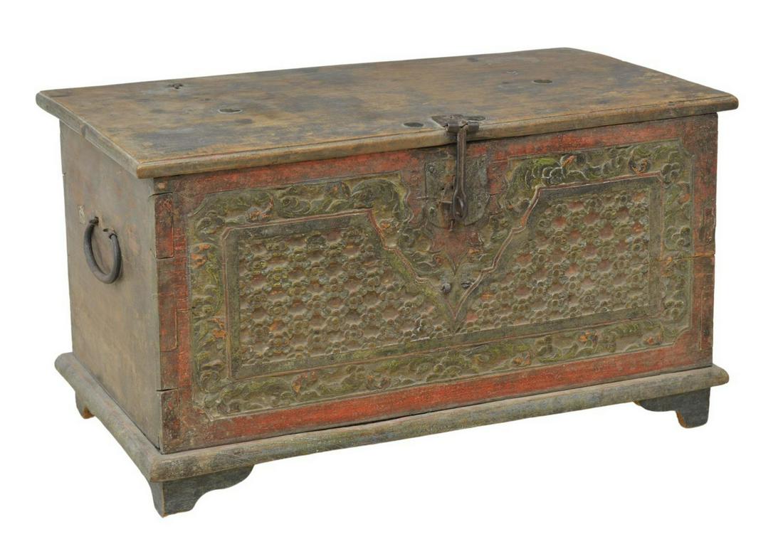 INDONESIAN CARVED & PAINTED STORAGE TRUNK: Diminutive storage trunk/ chest, likely Indonesia, visible dovetail construction, rectangular top on iron strap hinges, open interior with side till, carved and painted front panel, iron carrying hand