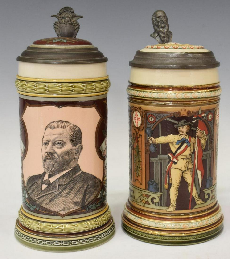 (2) METTLACH STEINS, 1997, 1914, EHRET & GYMNAST: (lot of 2) Mettlach beer steins, including: (1) "George Ehret Brewery," #1997, bust of Ehret (1835-1927, Ehret opened the Hellgate Brewery, New York in 1866), eagle and shield thumblift, 9.25"h; (1) "