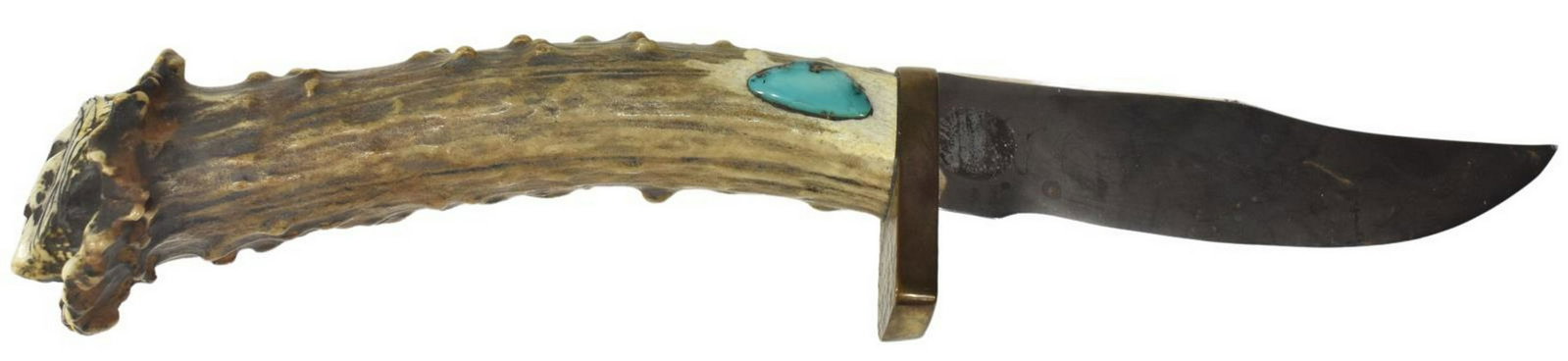 SOUTHWEST STAG ANTLER HANDLE KNIFE 4" BLADE: Southwest knife, late 20th c., approx 4"l steel blade, brass guard, stag antler handle inlaid with turquoise, carved pommel with mask, overall: approx 9"l, 0.5lbs *Provenance: The family of Alfred A. 