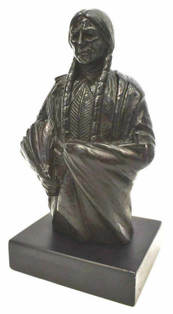 JOSEPH BOULTON (D.1981) QUANAH PARKER SCULPTURE: Cast resin sculpture, Chief Quanah Parker (Comanche, 1845-1911), signed in cast JL Boulton (Joseph M. Lorkowski Boulton, Texas, 1896-1981), on rectangular plinth (plinth with small repaired chip), app