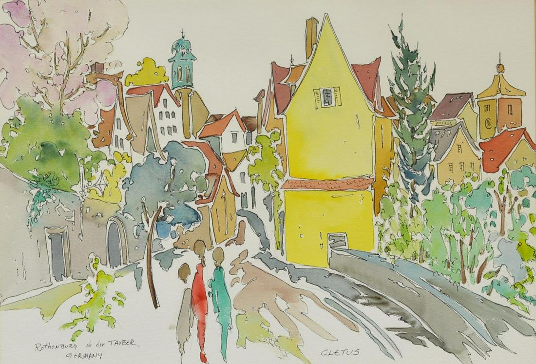 BROTHER CLETUS BEHLMANN (1933-2016) WATERCOLOR: Framed watercolor on paper, "Rothenburg ob der Tauber, Germany," signed lower right CLETUS (Brother Cletus Behlmann, San Antonio, Texas, 1933-2016), sight: approx 13.5"h, 19.5"w, overall: approx 20.25