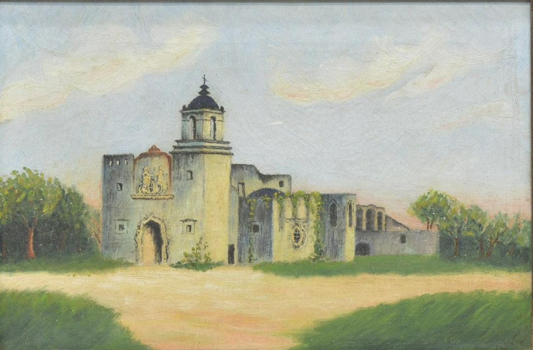 FRAMED MISSION LANDSCAPE OIL PAINTING, SIGNED OHS: Framed oil on canvas painting, Mission Landscape, likely Mission San Jose, signed lower right O.H.S, sight: approx 11.75"h, 17.75"w, overall: approx 15"h, 21"w, 3.75lbs Start Price: $60.00