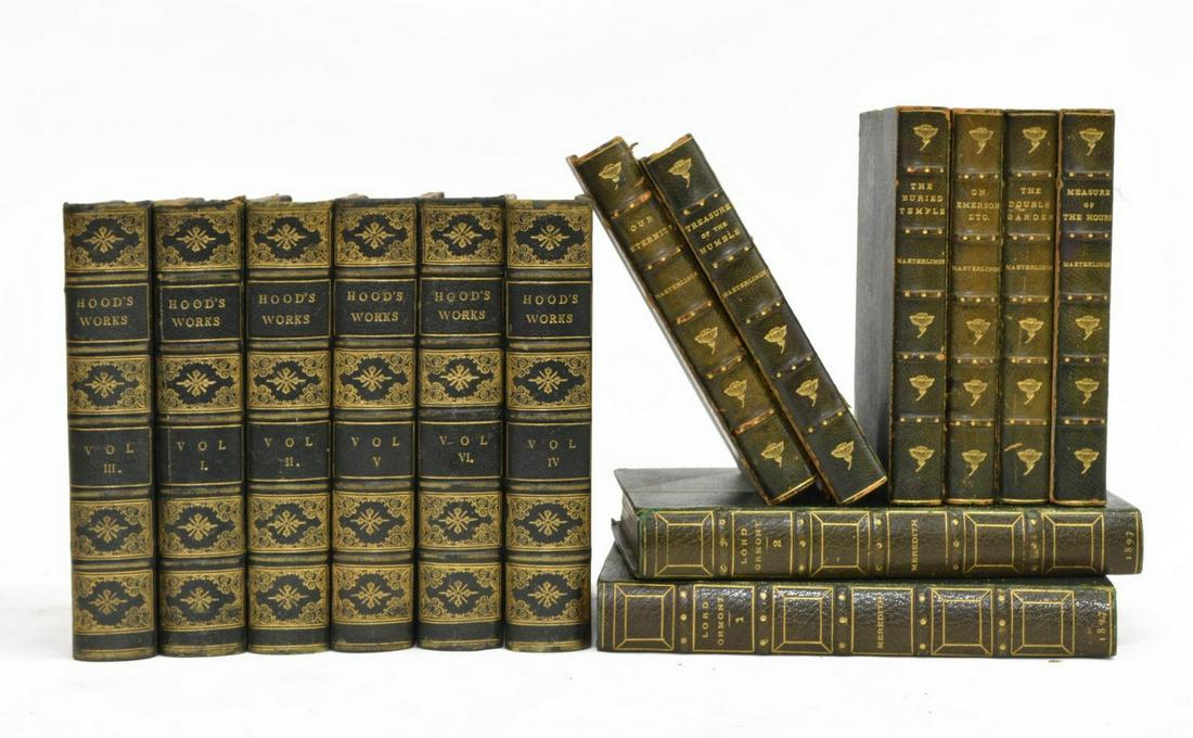 (14) BOOKS: M. MAETERLINCK, T. HOOD & G. MEREDITH: (lot of 14) Leather-bound books, with marbled boards, gilt embossed spines, comprising: (6) volumes by Maurice Maeterlinck (Belgium, 1862-1949), titles include "The Treasure of the Humble," "The Burie