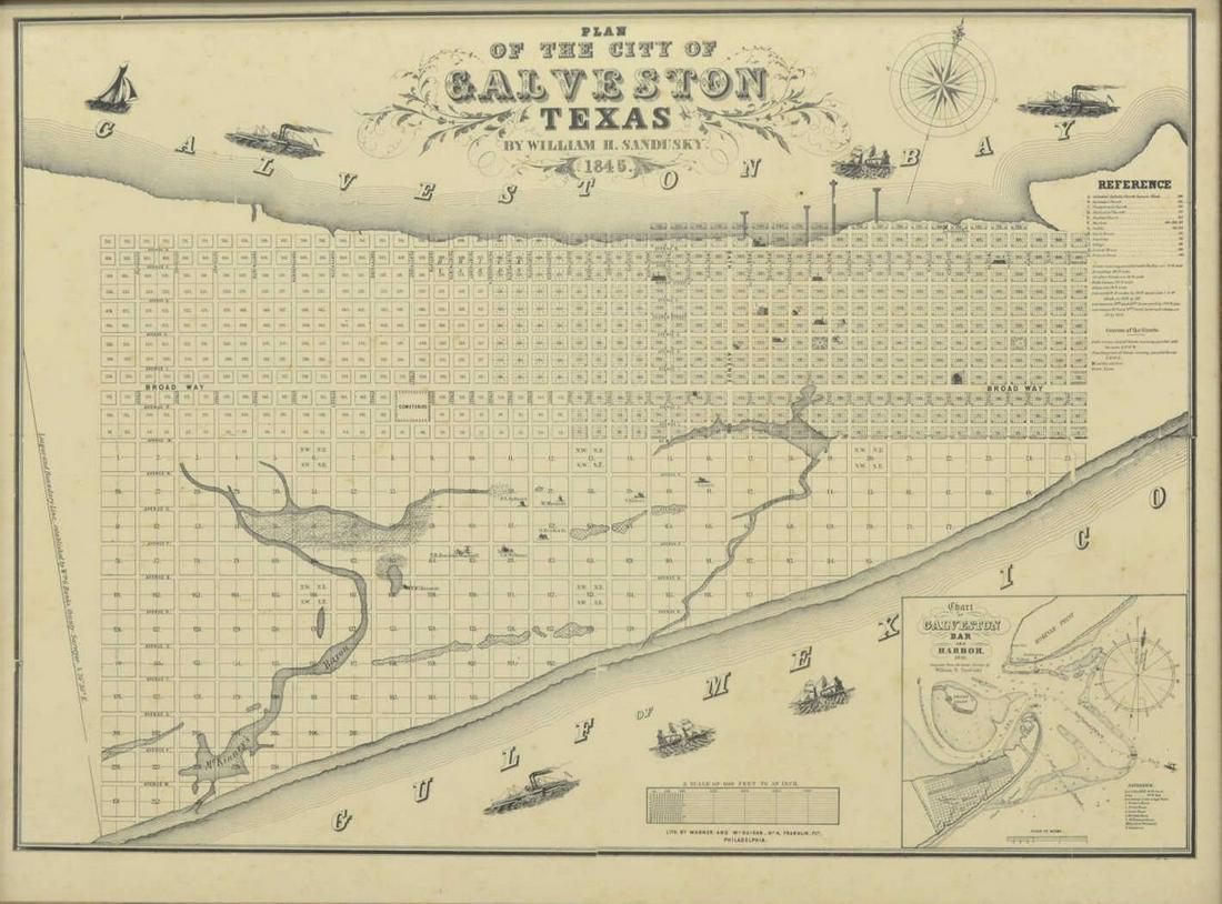 AFTER WILLIAM SANDUSKY 1845 GALVESTON TEXAS MAP PRINT: Framed print on paper, "Plan of the City of Galveston, Texas," a reproduction after the original created by William H. Sandusky (William Harrison Sandusky, Ohio, Texas, 1813-1847), in1845, lithographi