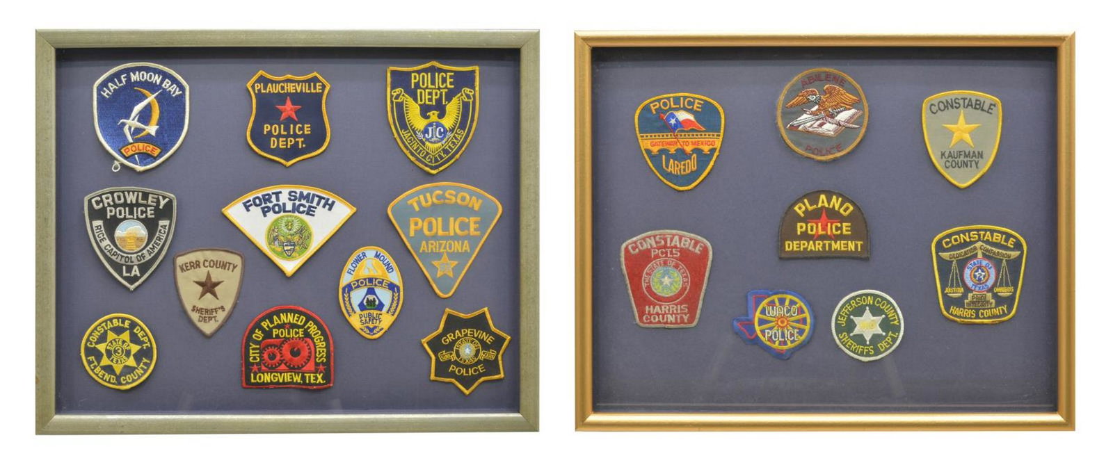 19) FRAMED COLLECTION TEXAS & OTHER POLICE PATCHES: (lot of 19) Framed collection of police patches behind glass, including: (1) Plaucheville, Louisiana, (1) Jacinto City, Texas, (1) Tucson, Arizona, (1) Grapevine, Texas, (1) Fort Smith, Arkansas, (1) 