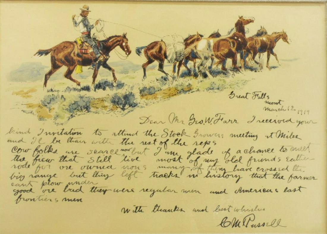 'LETTER TO GEORGE FARR' AFTER C.M. RUSSEL: Framed reproduction of "A Letter to George W. Farr," written in 1919 by C.M. Russell (Charles Marion Russell, 1864-1926), the letter head a Russell painted scene of a cowboy on horseback driving other