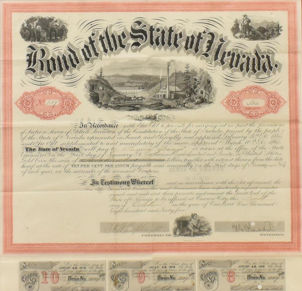 NEVADA 1865 $300 BOND WITH COUPONS: Bond of the State of Nevada, dated March 10, 1865, in the amount of $300.00 with 10% interest made to Samuel Youngs or bearer, signed by the Governor of Nevada, Henry G. Blasdel (1825-1900, Governor 1