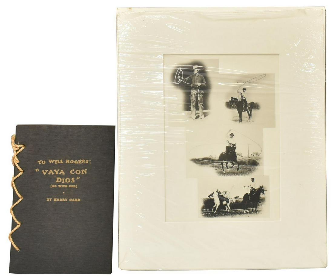 (2) WILL ROGERS MEMORIAL BOOKLET, 1935, PRINTS: (lot of 2) Will Rodgers (1879-1935) ephemera, including: (1) booklet: "To Will Rogers: Vaya Con Dios," Harry Carr, Angelus Press, first edition, 1935, rope-bound, leather-like covers, introduction by