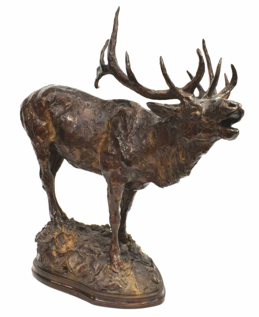 TIM SHINABARGER (B.1966) BLACK TIMBER BUGLER, 27\"H: Patinated bronze sculpture, \"Black Timber Bugler,\" signed Shinabarger (Tim Shinabarger, Montana, b.1966), dated 1998, numbered 14/ 30, approx 27.75\"h, 26\"w, 12\"d