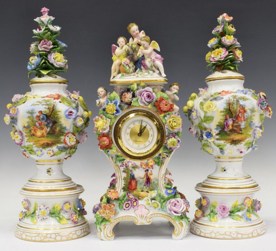 (3) GERMAN PORCELAIN MANTEL CLOCK & POTPOURRI URNS (1 of 6)