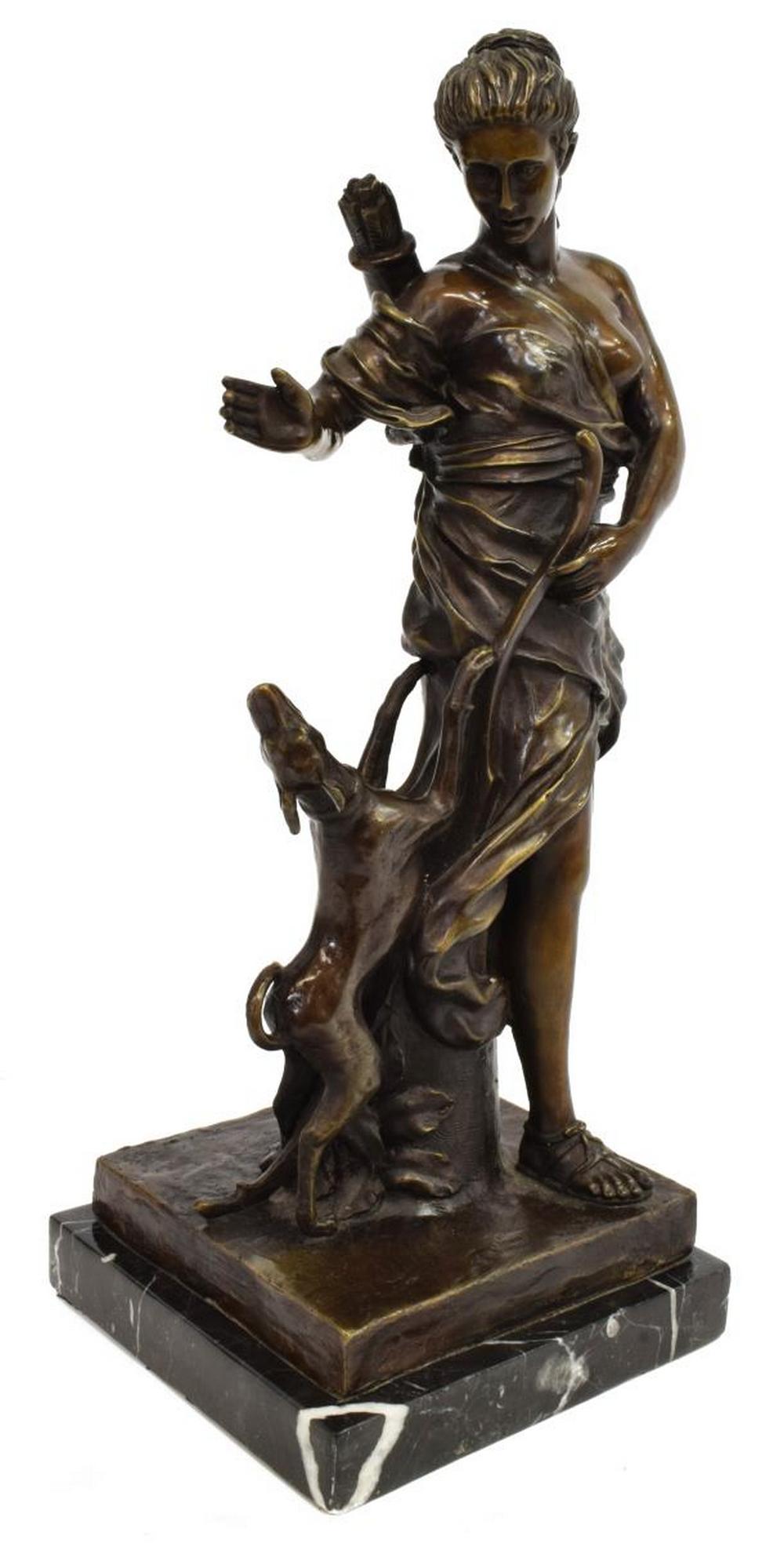 CAST BRONZE HUNTRESS & HER HOUND SCULPTURE: Cast bronze sculpture, Huntress and Hound, 20th c., possibly depicting Diana, Goddess of the Hunt, having bow and arrow, adorned in draped garments, alongside a lone hound, approx 18.5"h, 7.25"w, 7.25