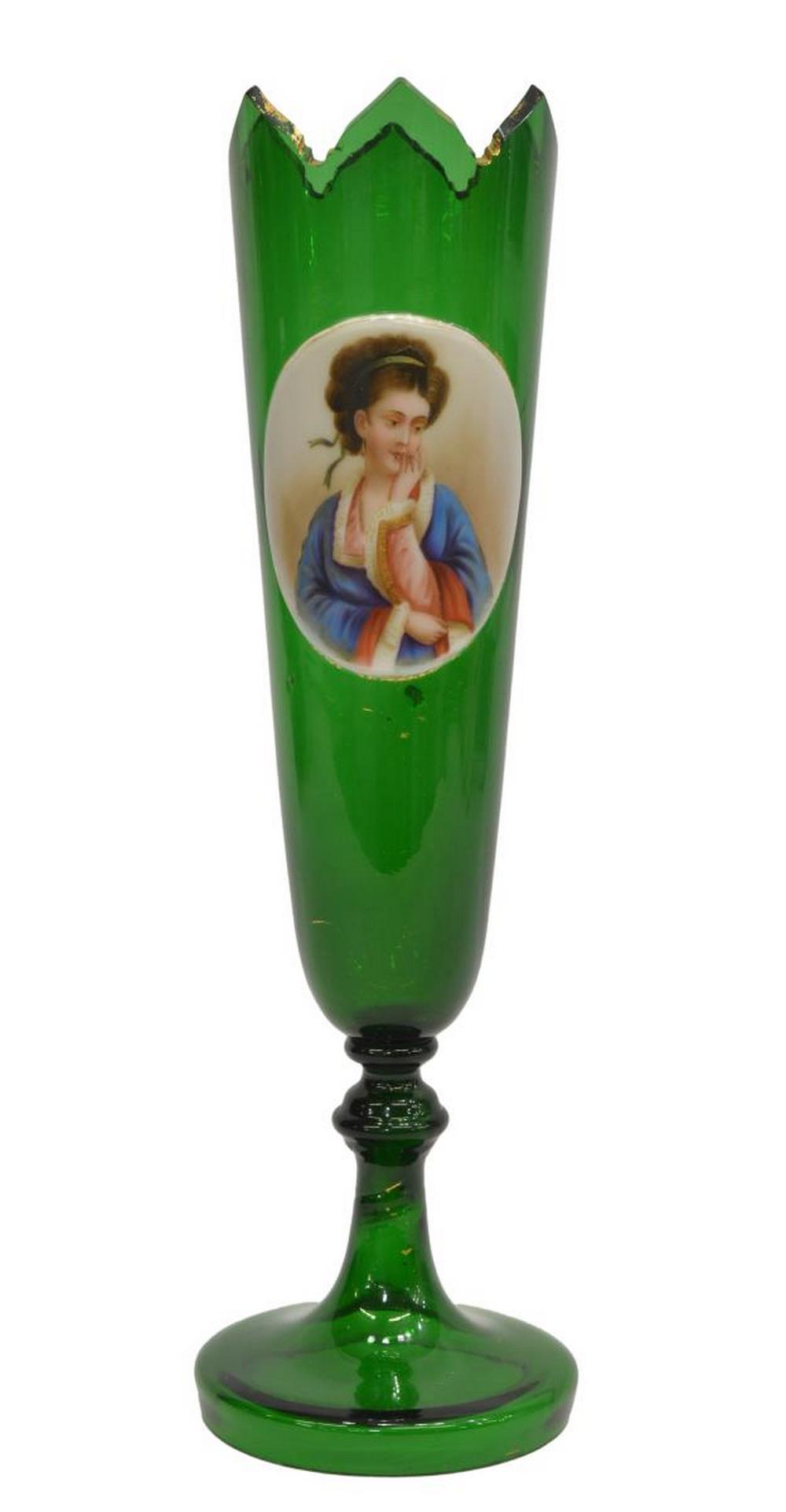 BOHEMIAN MOSER (ATTRIB) GREEN & GILT PORTRAIT VASE (1 of 3)