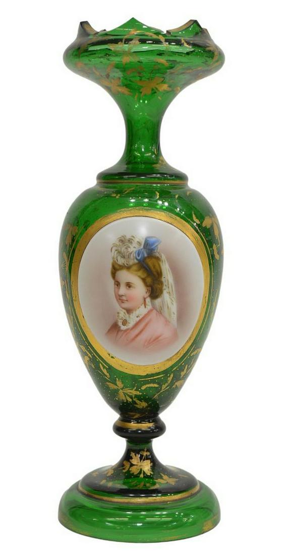 BOHEMIAN MOSER (ATTRIB) GREEN & GILT PORTRAIT VASE (1 of 5)