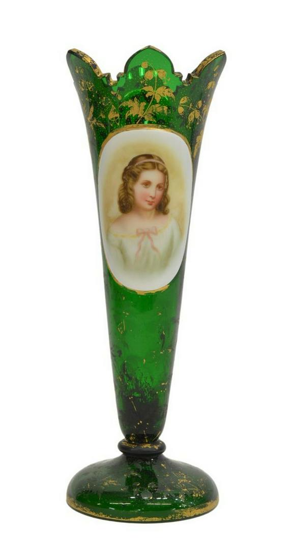BOHEMIAN MOSER (ATTRIB) GREEN & GILT PORTRAIT VASE (1 of 5)