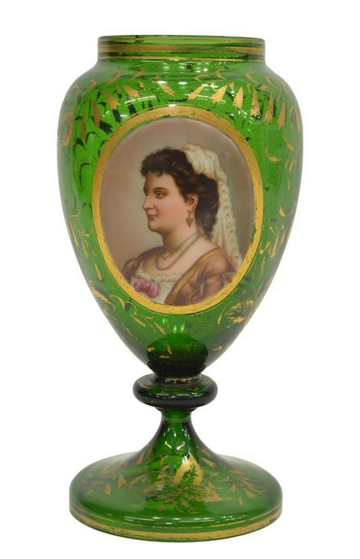 BOHEMIAN MOSER (ATTRIB) GREEN & GILT PORTRAIT VASE (1 of 4)