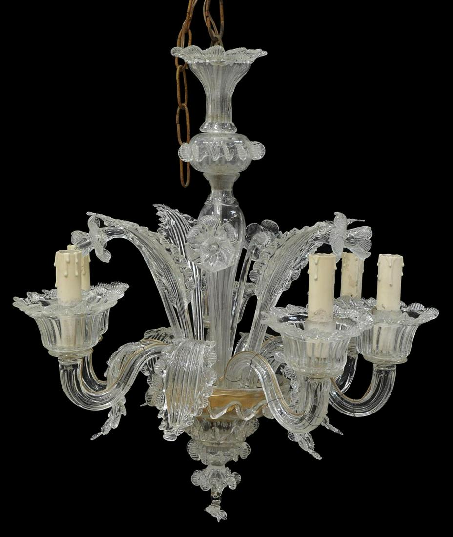 ITALIAN MURANO GLASS REZZONICO 6-LIGHT CHANDELIER: Italian Murano Rezzonico six-light glass chandelier, mid 20th c., blown glass in flower and leaf forms, protruding arms ending in bobeches, with faux candle covers, one leaf missing end, in need of wi