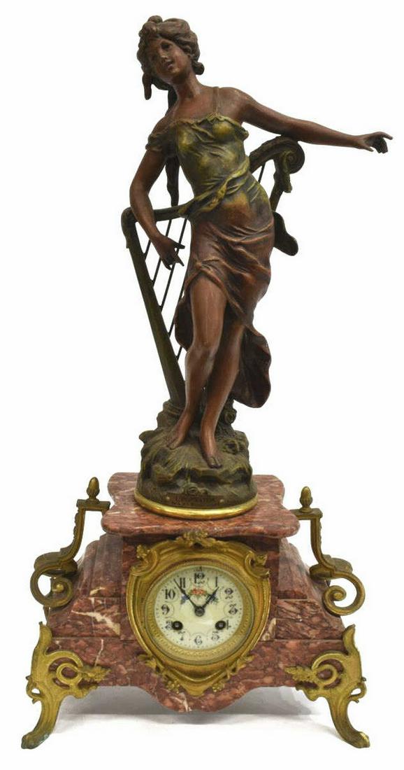 FRENCH FIGURAL ROUGE MARBLE MANTEL CLOCK (1 of 6)
