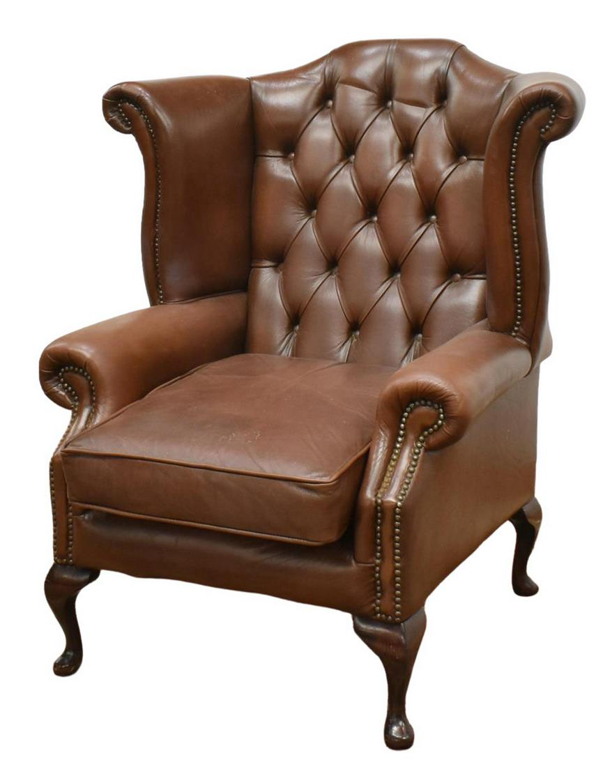 QUEEN ANNE STYLE TUFTED LEATHER WINGBACK ARMCHAIR (1 of 3)