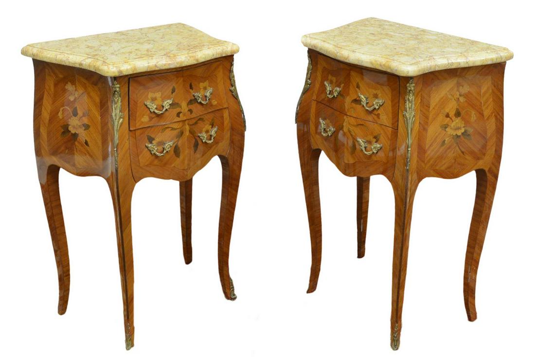 (2) FRENCH LOUIS XV STYLE MARBLE-TOP NIGHTSTANDS: (lot of 2) French Louis XV style marble-top nightstands, 20th c., case in matched mahogany veneers, two drawers accented with floral marquetry, gilt metal case mounts, rising on French bracket feet, e