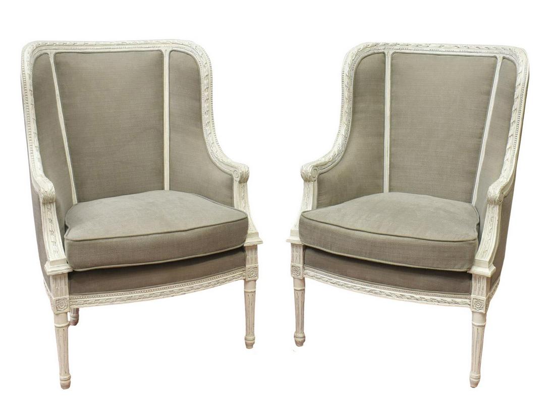 (2) LOUIS XVI STYLE UPHOLSTERED WINGBACK BERGERES (1 of 3)