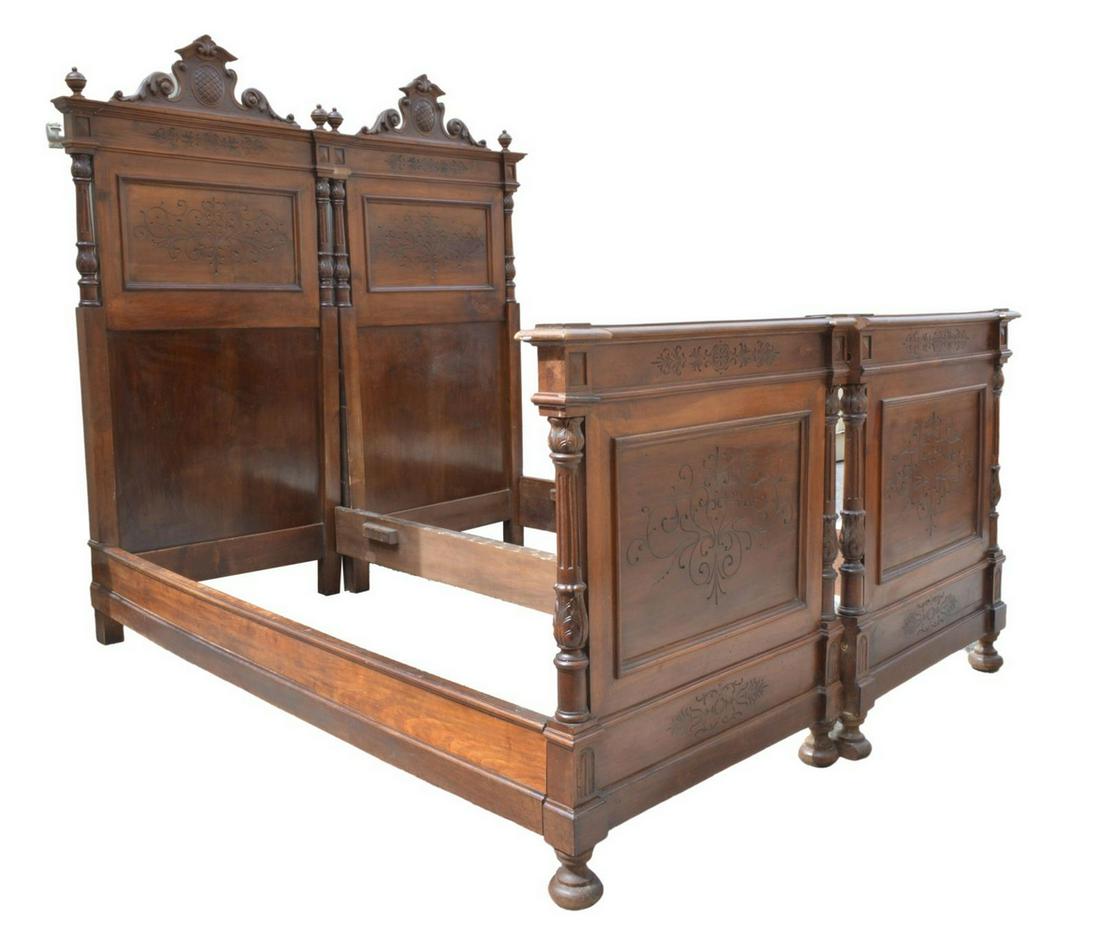 (2) ITALIAN CARVED WALNUT BEDS, 19TH C. (1 of 2)