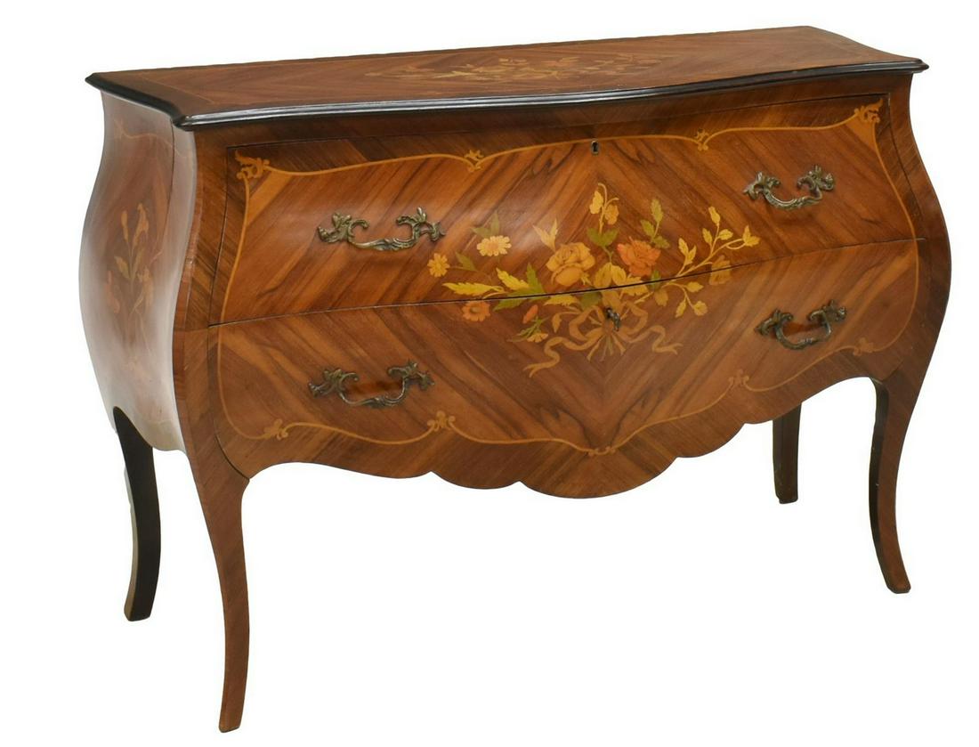 ITALIAN LOUIS XV STYLE BOMBE MARQUETRY COMMODE (1 of 4)