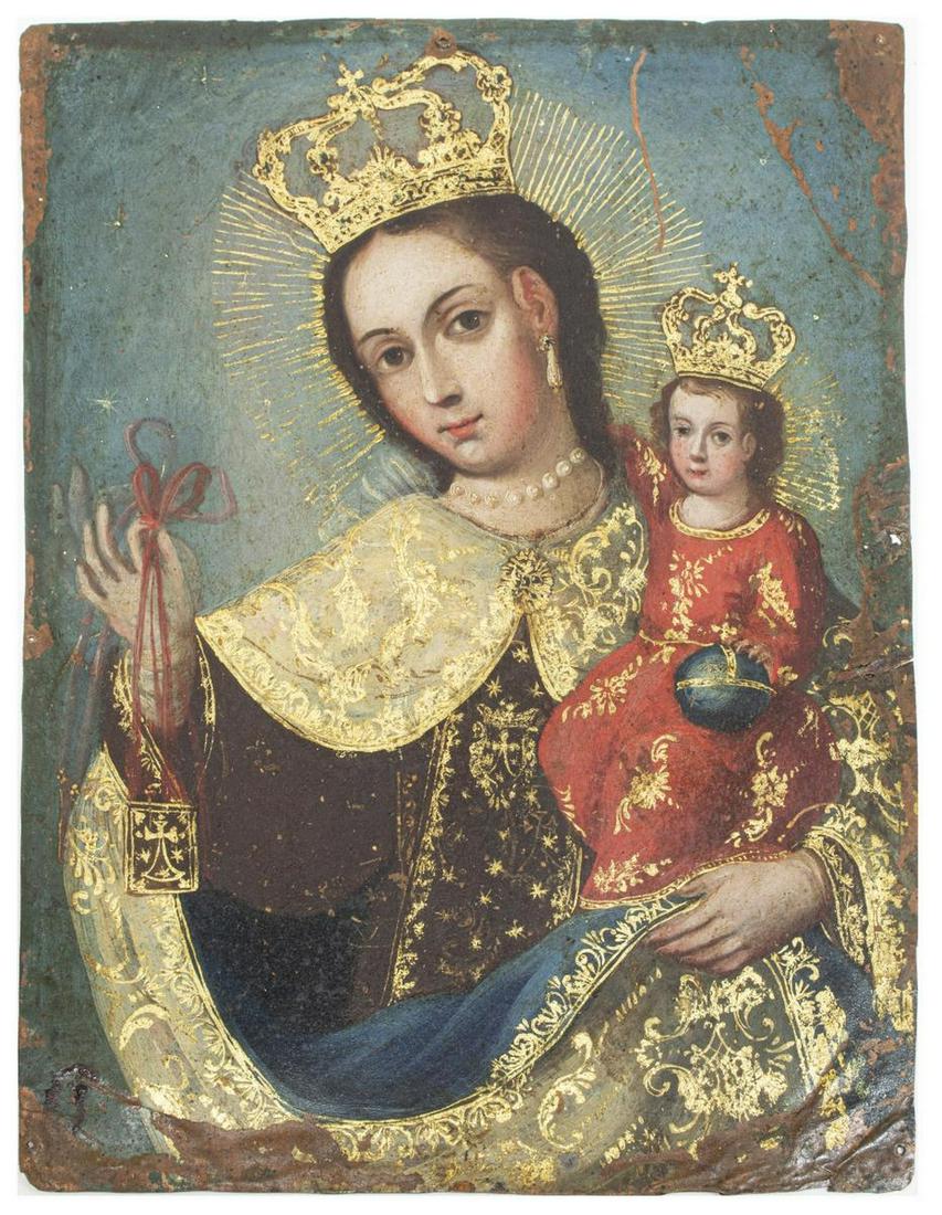 SPANISH COLONIAL RETABLO ON COPPER MADONNA & CHILD (1 of 2)