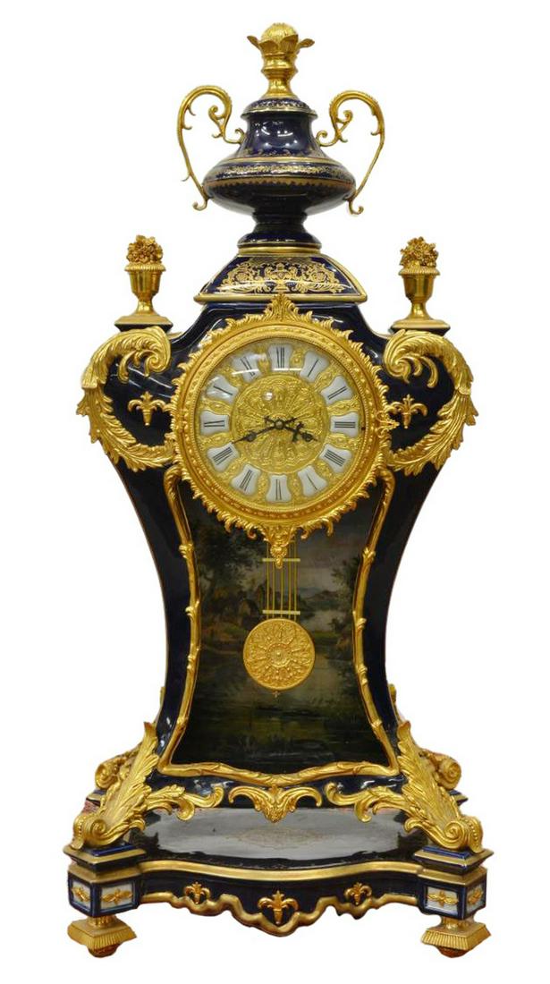 SEVRES STYLE GILT & COBALT PORCELAIN CLOCK, 45"H (1 of 6)