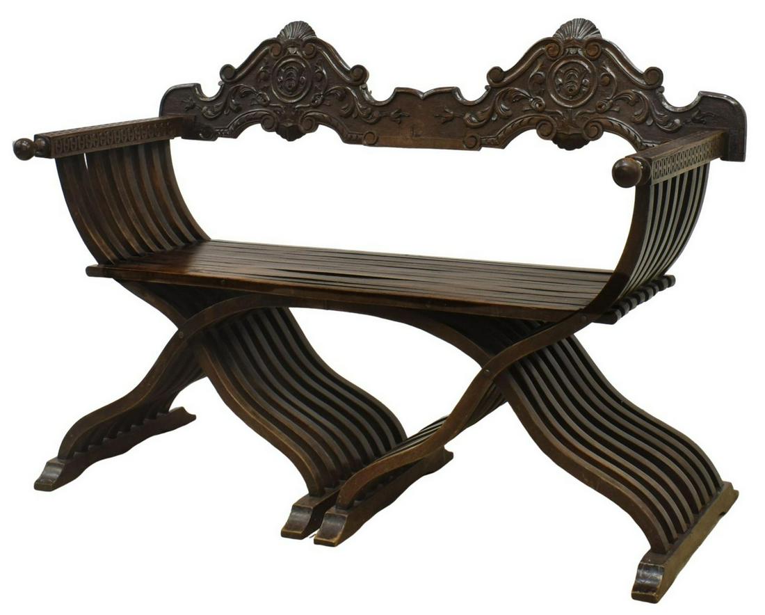 ITALIAN SAVONAROLA CARVED WALNUT SLATTED BENCH (1 of 3)