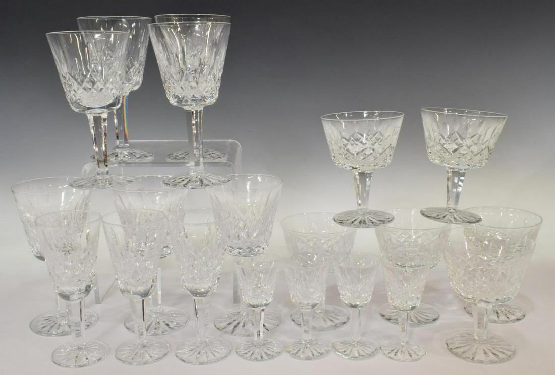 (20) WATERFORD 'LISMORE' CUT CRYSTAL STEMWARE: (lot of 20) Waterford "Lismore" cut crystal stemware, bearing acid-etched mark underfoot, including: (7) claret wine stems, approx 5.5"h, 3"diam, (3) sherry glasses, approx 5"h, 2.25"w, (6) liquor coc