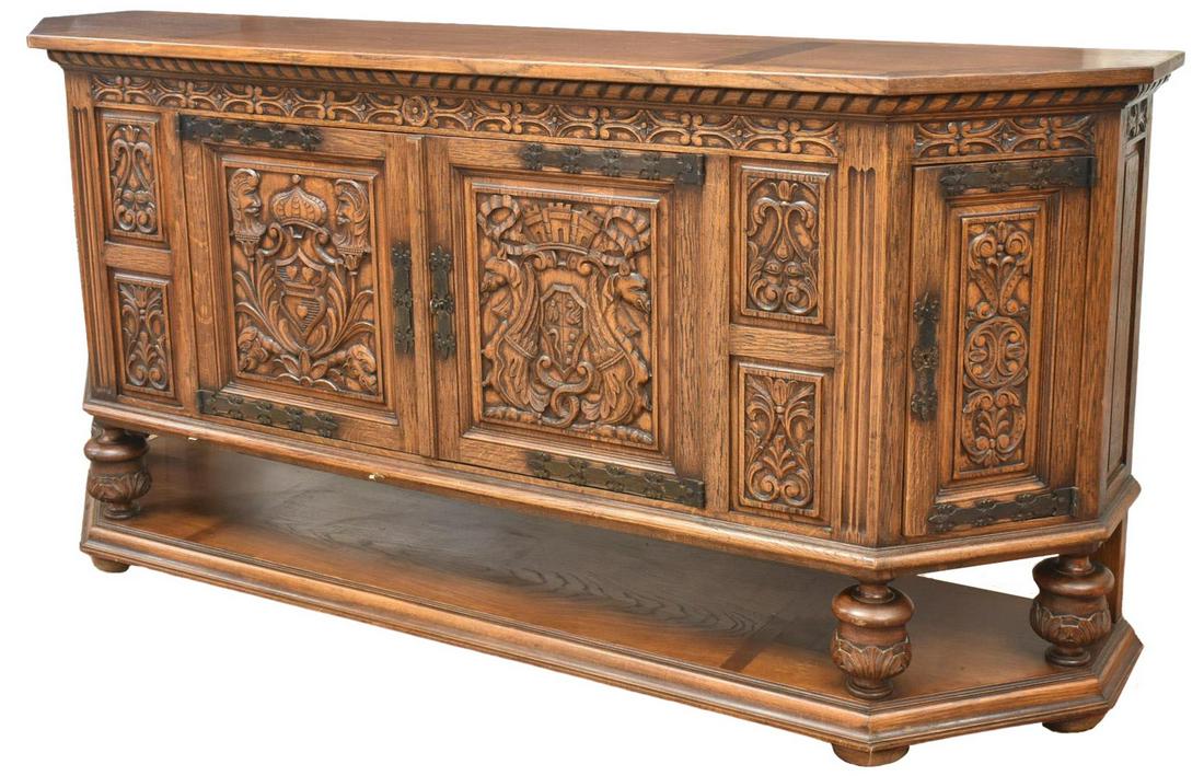 RENAISSANCE REVIVAL CARVED OAK CANTED SIDEBOARD (1 of 6)